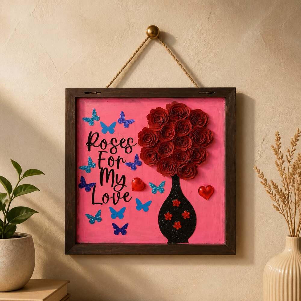 'Roses For My Love' Handmade Shadow Box Decor with Paper Roses & Butterflies